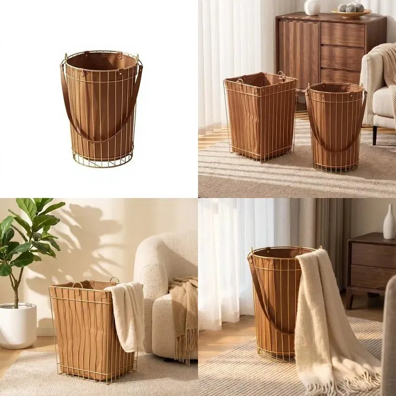 Luxury metal round laundry basket with handle for household finishing and storage