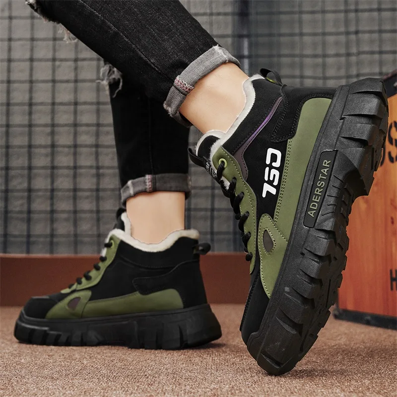 Zapatos de algodón para hombre, botas de trabajo altas antideslizantes impermeables y cálidas con forro polar para senderismo al aire libre, botas de nieve, novedad de invierno de 2025