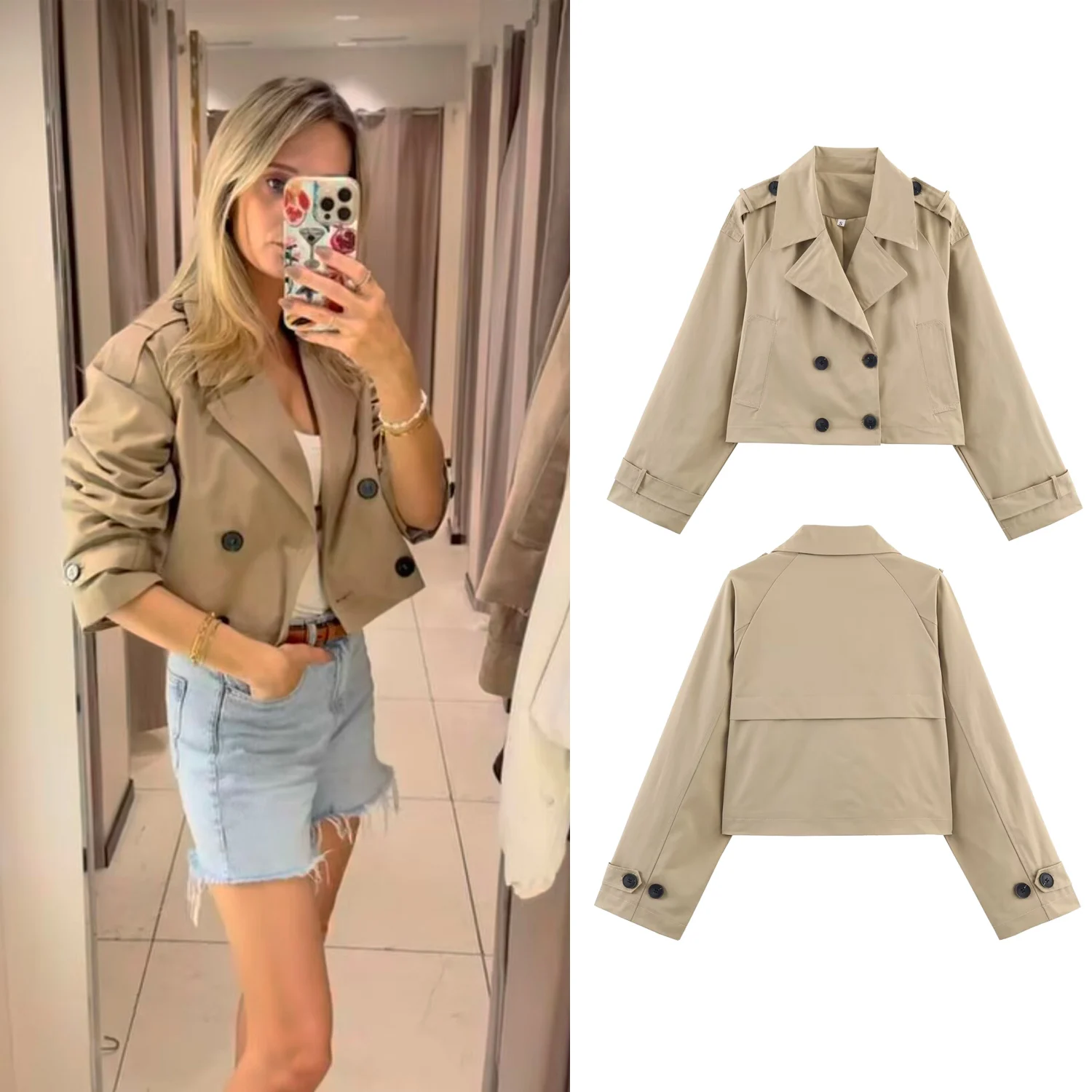 

Женская двубортная короткая куртка-тренч, женские осенне-зимние винтажные куртки с отложным воротником и длинными рукавами