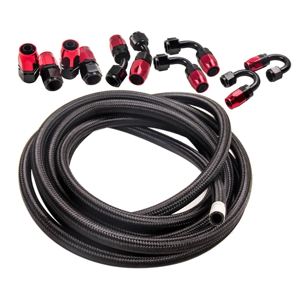 

AN8 Oil Line Kit 5M Nylon Braided Hose with 10 Swivel Fittings Black Red 500PSI