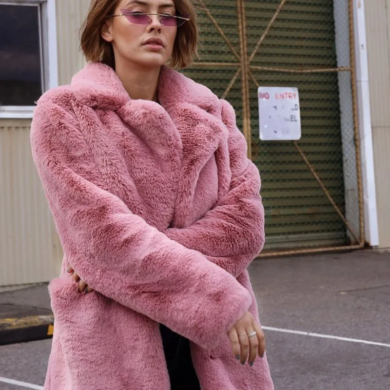 Autumn and Winter Pink European and American Fur Coat Fox Fur Street Hipster Faux Fur Lapel Long-sleeved Fur Coat