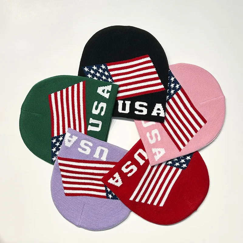 New Unisex USA American Flag Knitted Hat Letter Jacquard Autumn Winter Beanie Cap Y2k Hip Hop Street Cold Hat