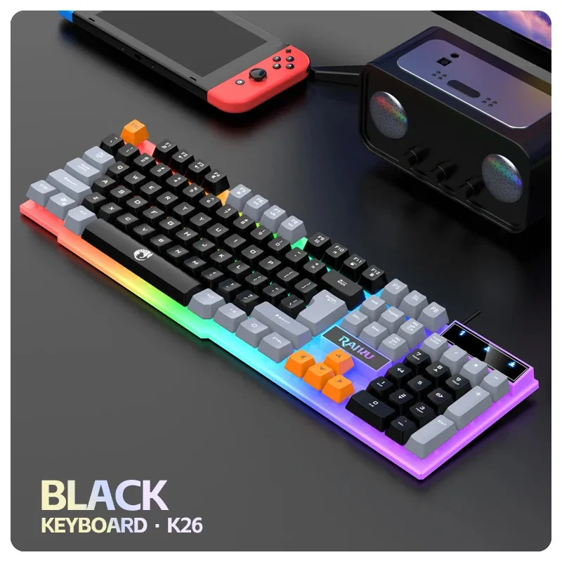 Teclado único e teclado mouse RAIKU T26 Teclado luminoso de três tons Mouse com fio Mecânico Touch Gaming Mouse Conjunto de teclado