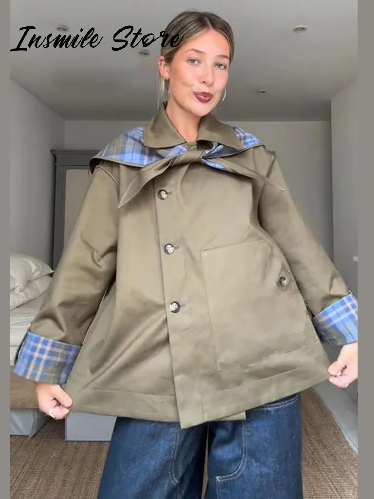 Chic Plaid Double Side Coats Women Lapel Single Breasted Long Sleeve Pocket Lace Up Jacket 2025 Autu