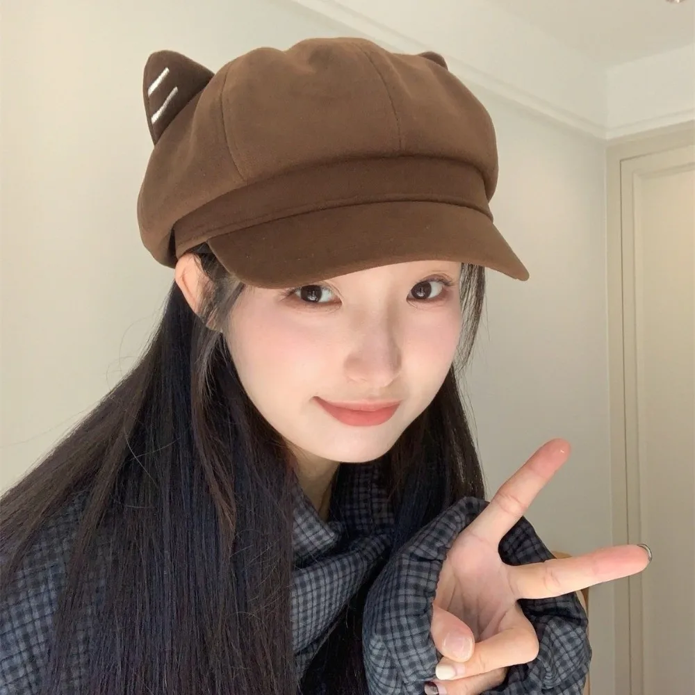 لطيف بلون القط الأذن قبعة الصوفية النمط الياباني البريطانية قبعة البيريه Y2K تعديل قبعة مثمنة الفنان #1
