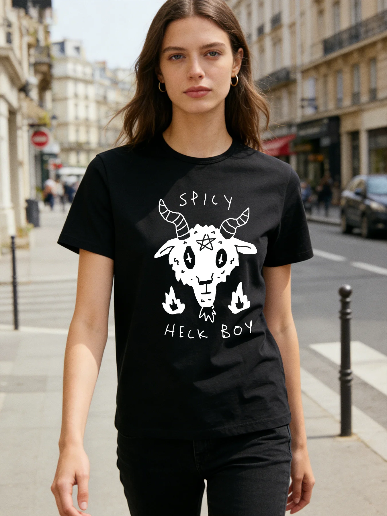 

Spicy Heck Boy Goat T Shirt Women Gothic Occult Pentagram Graphic Tee 2026 Spring Summer Round Neck Short Sleeve Tops
