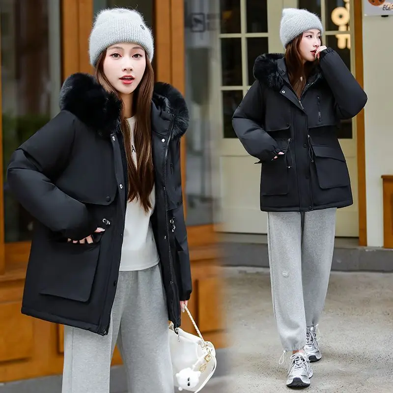

Women's Down Filled Parka Coat Thiened Cotton Jackets Korean Winter New Loose Fur Hooded Zipper Outwear Female