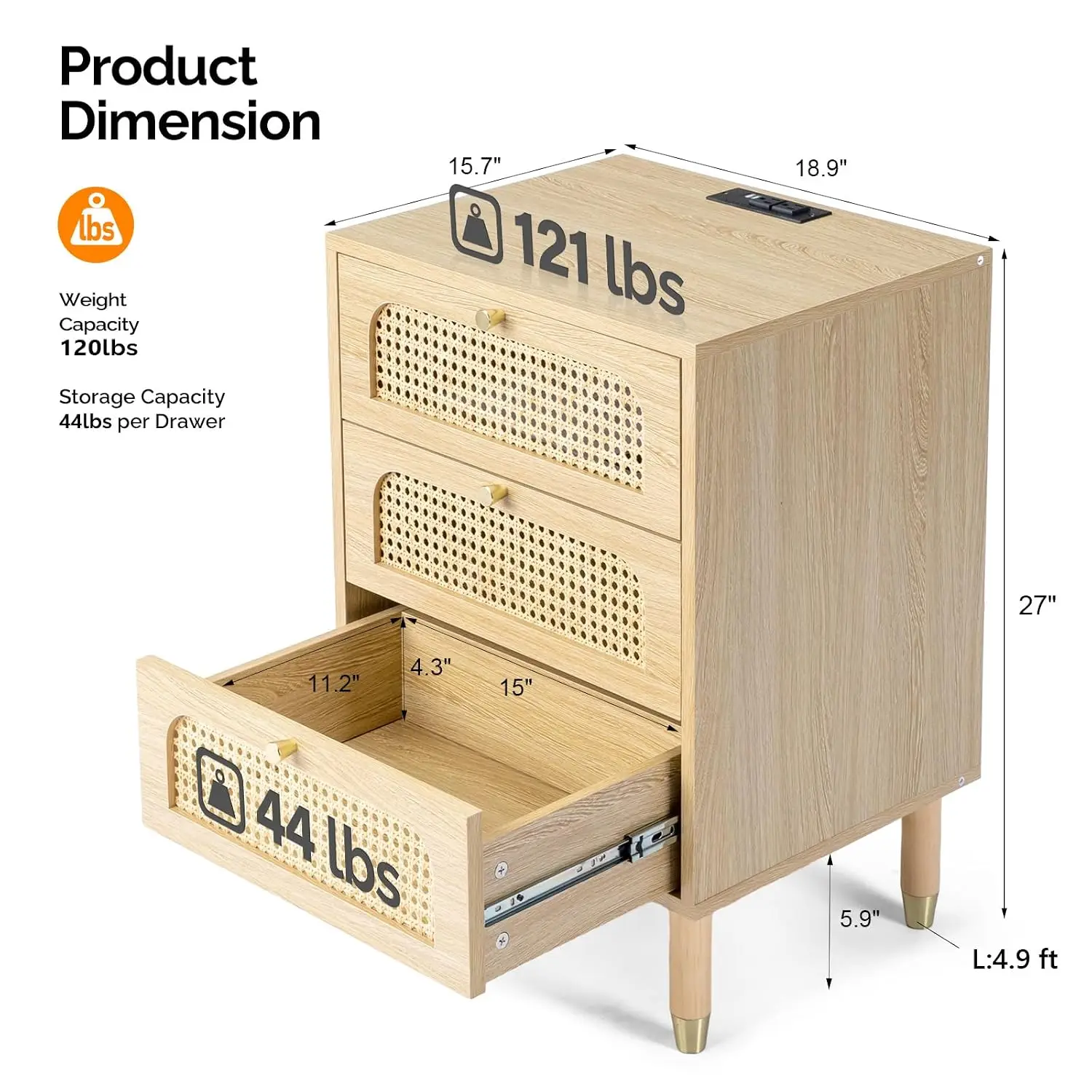 Rattan Nightstand Set of 2 with Charging Station and 3 Drawers