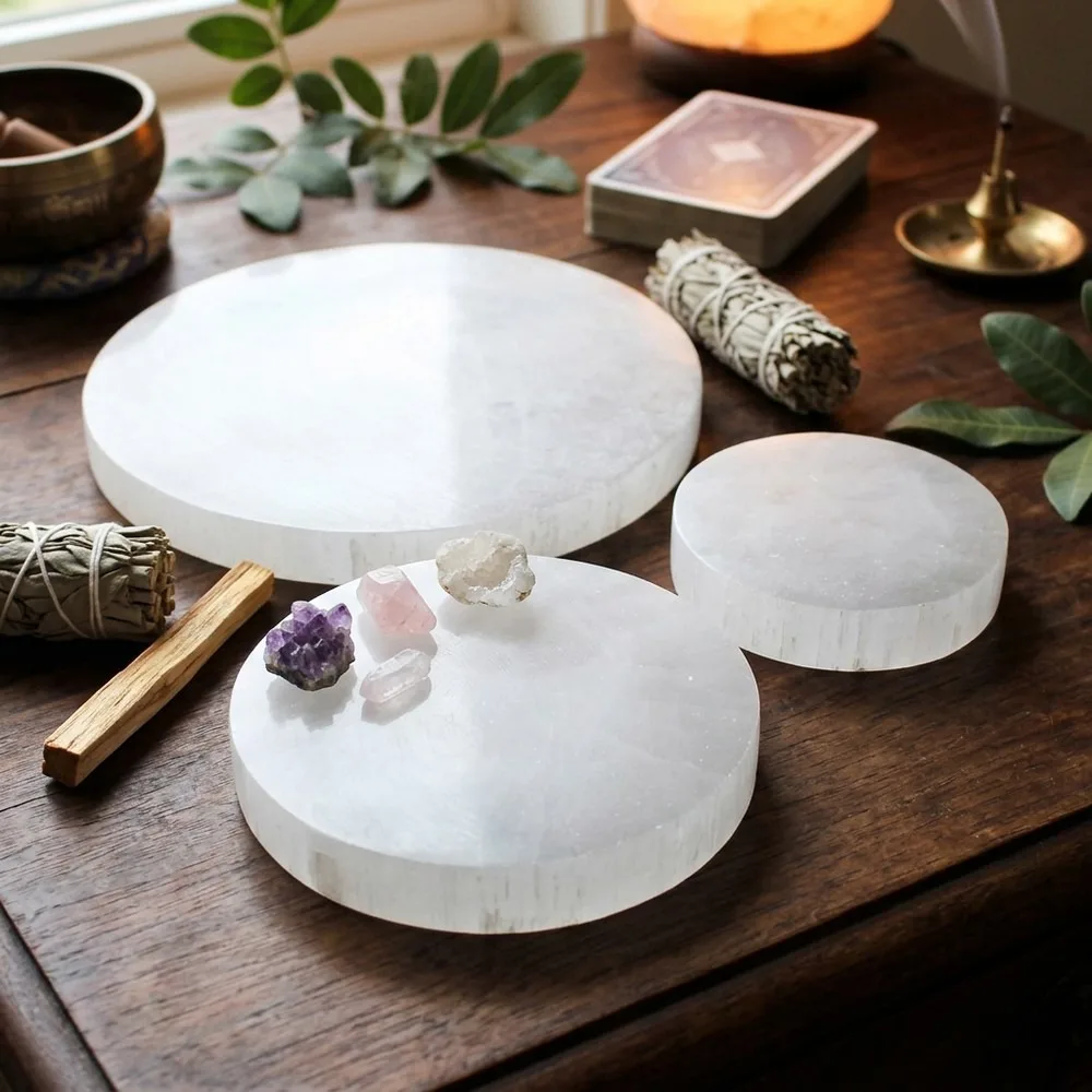 Natural Selenite Round Charging Plate, White Gypsum Crystal Slice, Elegant Jewelry Holder Tray, Feng Shui Home Decor