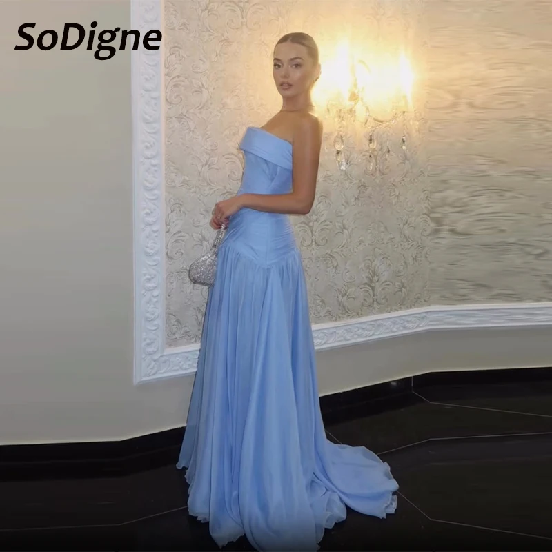 

SoDigne Chiffon Prom Dress A-line Arabic Strapless Sleeveless Evening Dresses Pleat Long Formal Occasion Gowns Customized