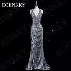 EOENKKY Sequin Evening Party Dress Elegant Halter Silver Mermaid Backless Wedding Party Dresses V Neck Sleeveless فساتين سهره