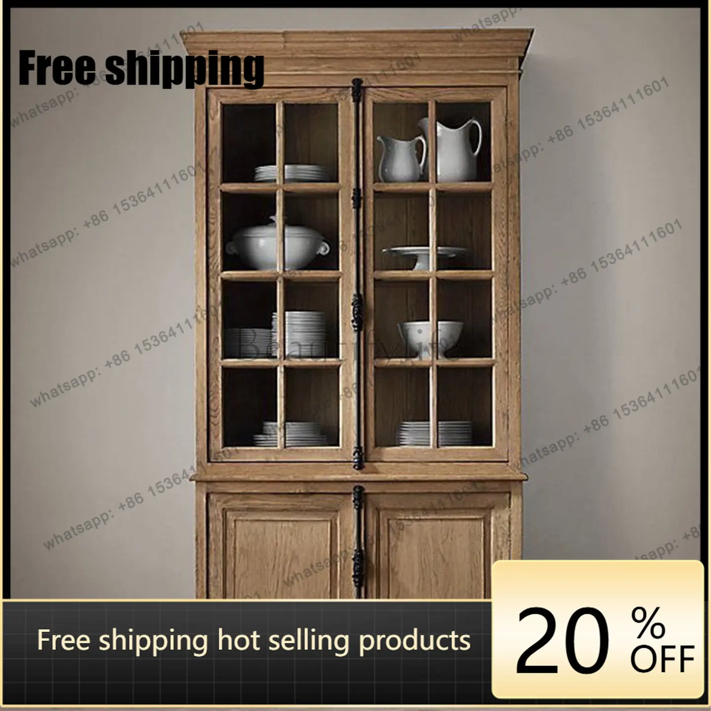 Factory direct American rural retro bookcase solid wood living room glass door locker