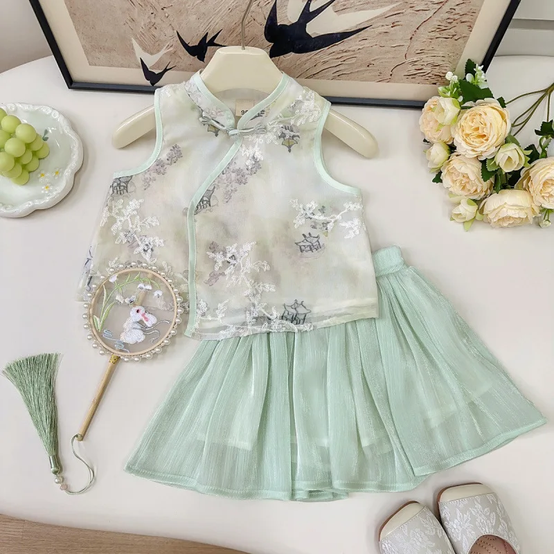 

Children's Suit2025New Summer Chinese Style Tang Suit Fashionable Girl's Chinese Vest and Skirt Two-Piece Set