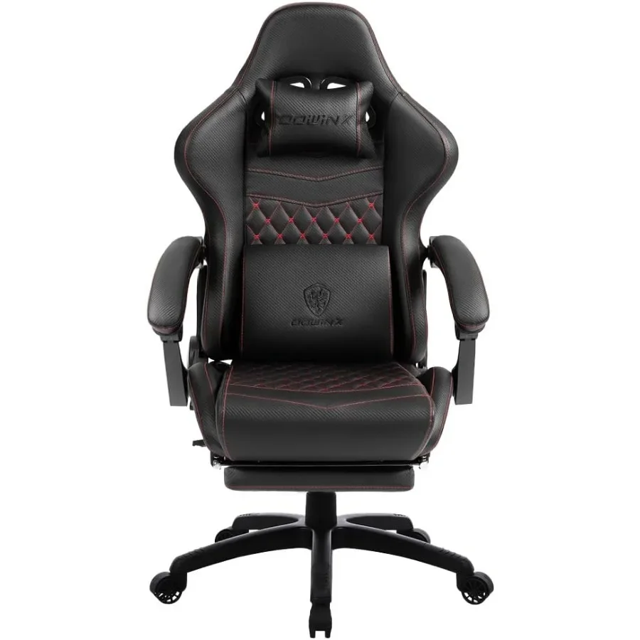 Silla de juego, de gran tamaño y para personas altas, ideal para usar en la oficina o en casa, con tapizado de cuero sintético, color negro, diseño ergonómico con reposapiés y soporte lumbar con función de masaje, 35.