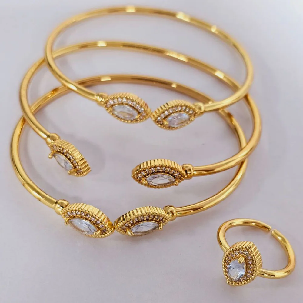 

18k Gold Color Bangle Ring Set for Women Dubai Shine Crystal Design Cuff Bangle Cocktail Ring for Engagement Jewelry Accessories