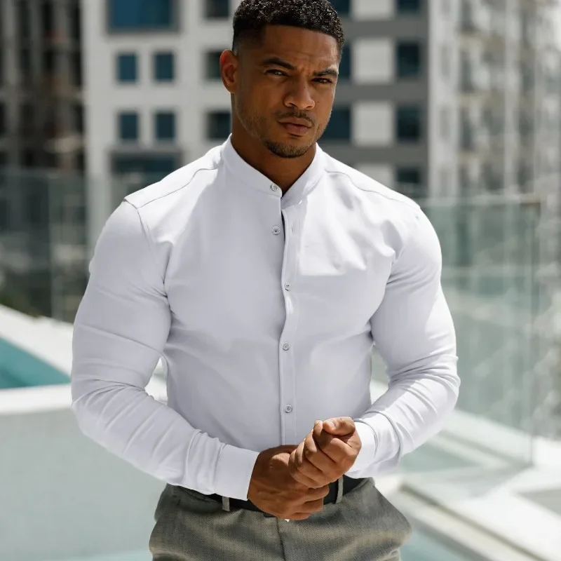 

New Men Clothing Fitness High Elasticity Shirt Sports Muscle Men Stand Collar Non-iron Slim England Business Formal Shirt Blouse