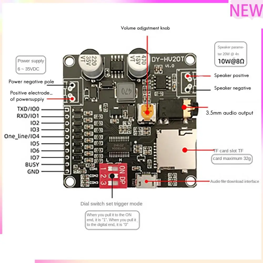 B27B DY-HV20T Modulo di riproduzione vocale 12V/24V Alimentatore 10W/20W Amplificatore Supporto Scheda Micro-SD Lettore musicale MP3 per Arduino
