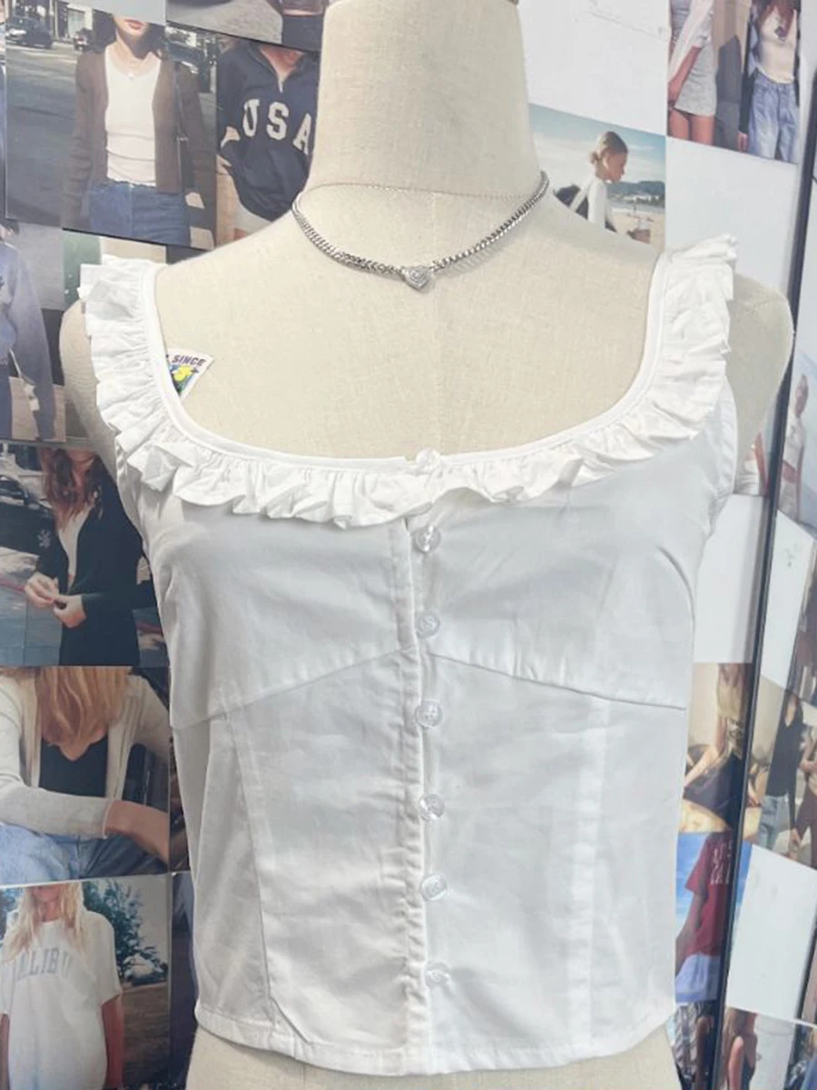 Dolce bianco volant bottoni Crop top donna estate cotone Scoop collo Preppy manica corta Tee Vintage Chic Slim carino t-shirt Y2K