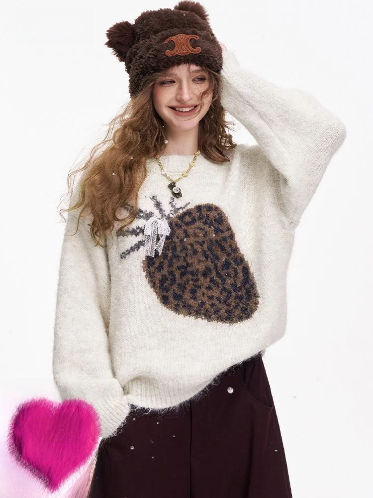 

Свободный повседневный женский свитер, новогодний вязаный топ с леопардовым принтом, удобный длинный круглый пуловер для похудения