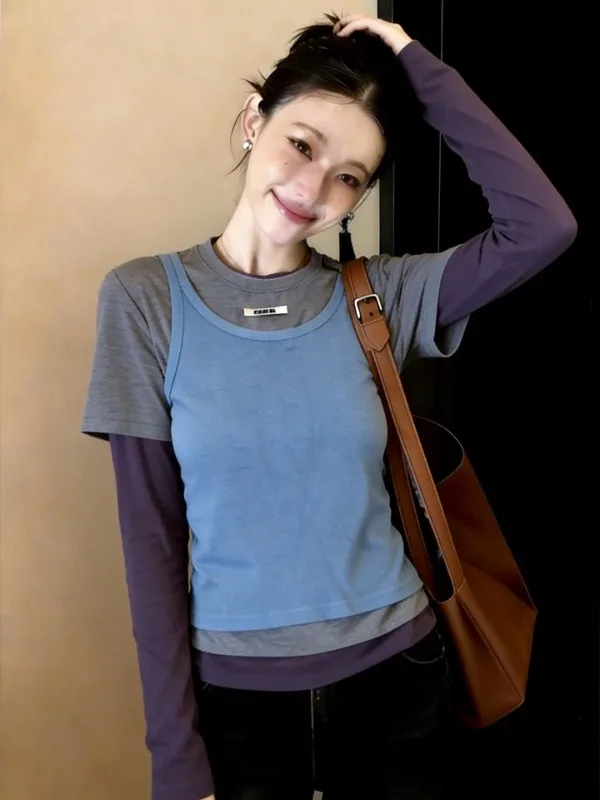 Fashionable Color Block Long Sleeve T-Shirt Women's Spring New Style Slimming Casual Standard Fit  Color round Neck Top