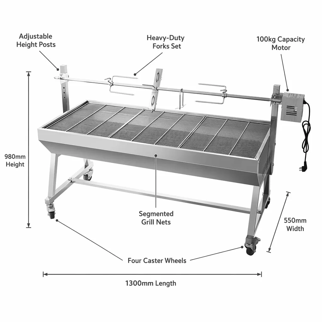 HDL1A Premium Stainless Steel Charcoal Grill with Rotisserie Mechanism Adjustable Height Smokeless Outdoor BBQ