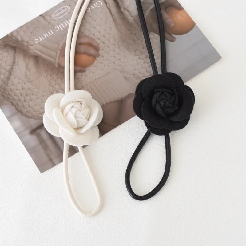 New Camellia Flower Leather Thin Belt Women Dress Decorative Soft Knotted Waist Rope Off-white Black