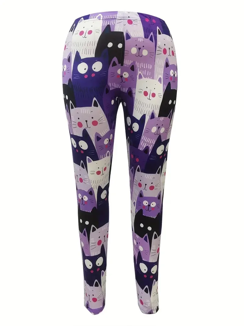 Cute crowded cat print casual stretch leggings for women