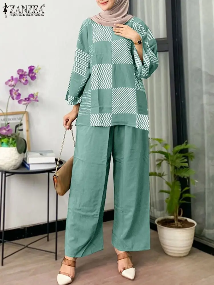 ZANZEA Muslim Fashion 2024 Autumn Matching Sets Printing Tops Casual Women Loose 2pcs Outfits Wide Leg Trousers Suits Pant Sets