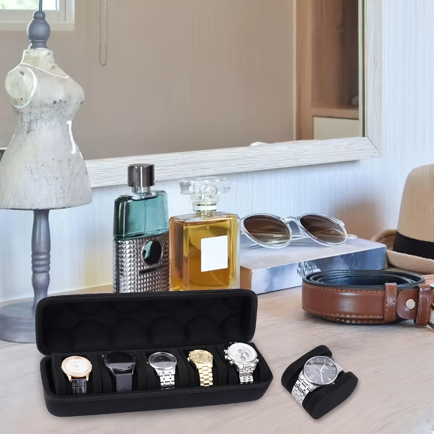 حقيبة سفر لساعة من النايلون الأسود مكونة من 5 فتحات - منظم تخزين واقٍ مع وسادة ساعة وخزانة عرض وحامل للساعة