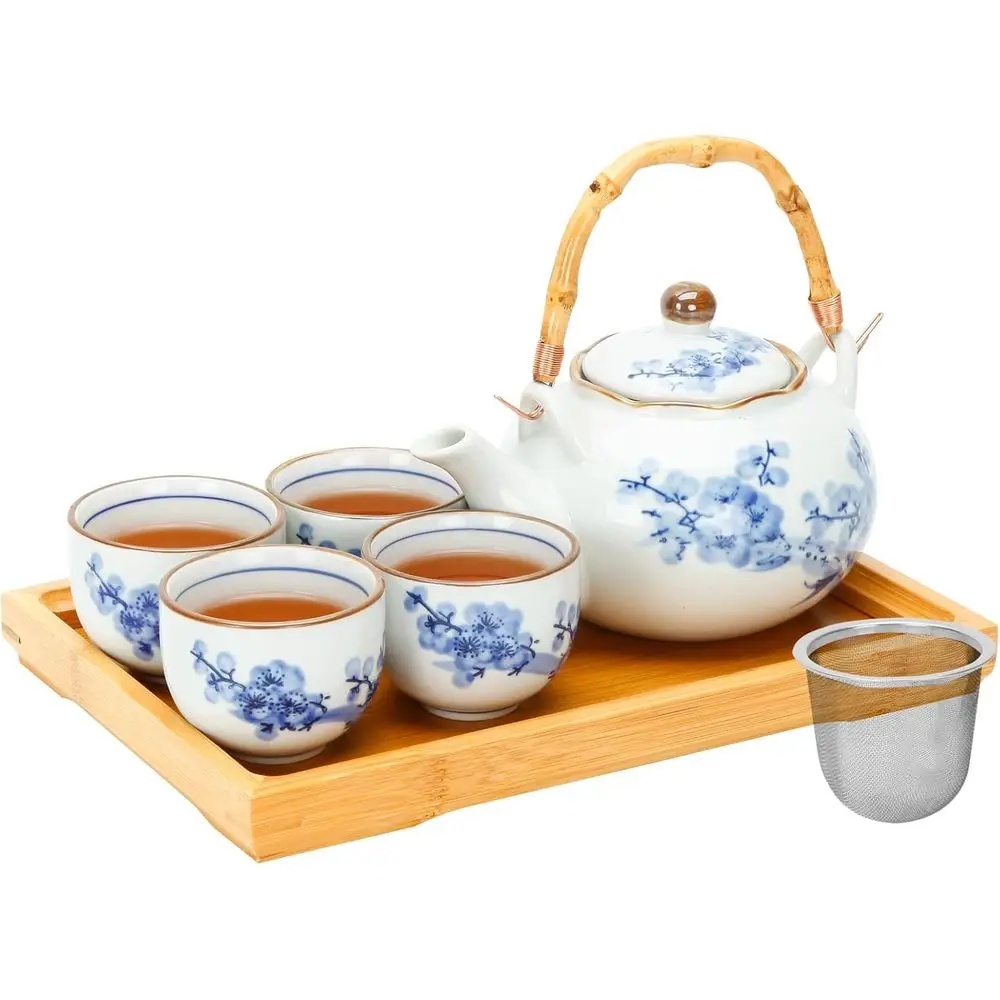 

Japanese Tea Set Porcelain Tea Set with Teapot and Tea Cup Set or 4, Blue and White Tea Sets or Adults with StainlInuser and Bam
