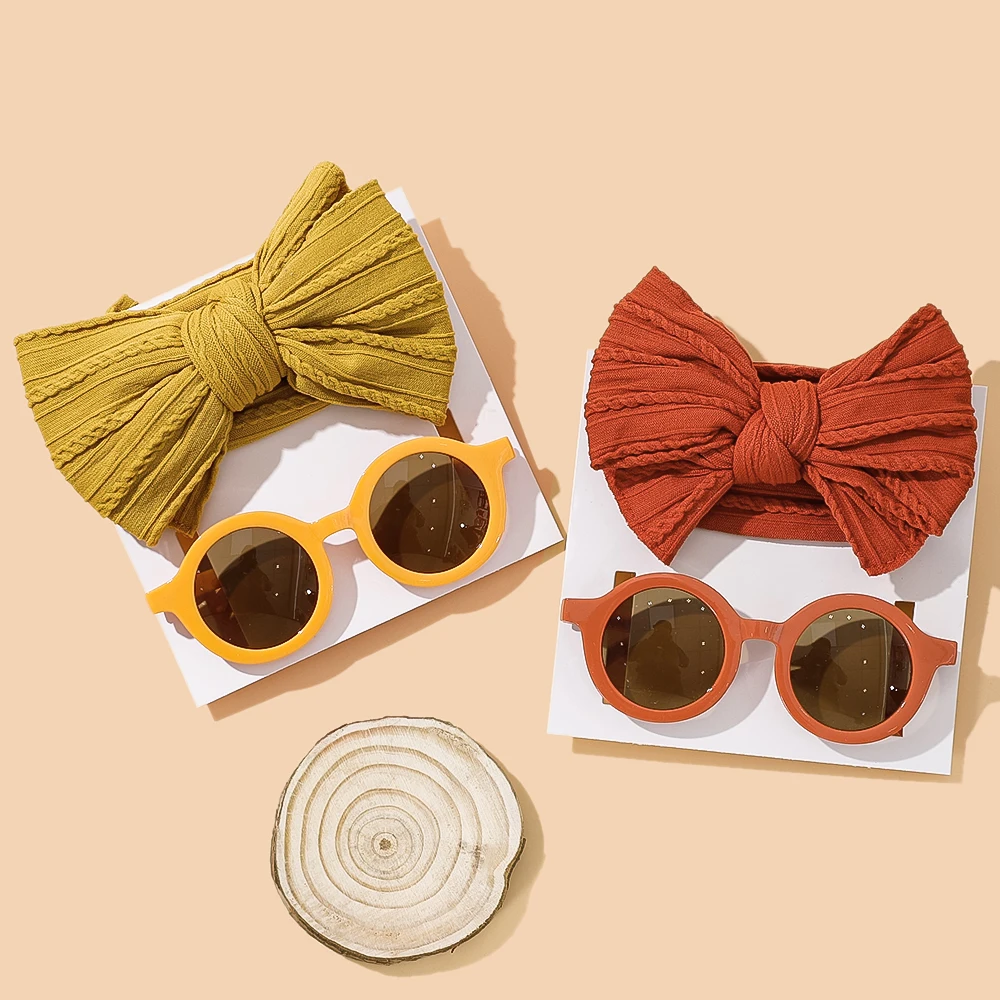 2Pcs/Set Puff Bow Baby Headband Sunglasses Matte Flower Circular Sun Glasses Eye Wear Elastic Nylon Hair Bands Seaside Headdress