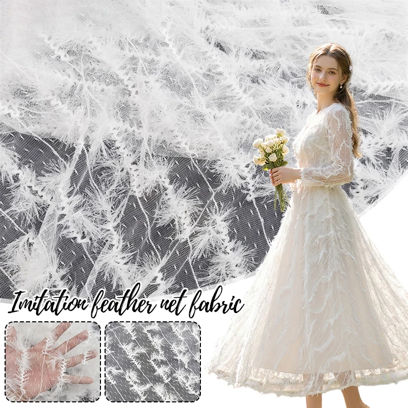

﻿90x130cm Tassel Imitation Feather Mesh Fabric White Jacquard Mesh Embroidery Creative Dress Designer DIY Sewing Cloth