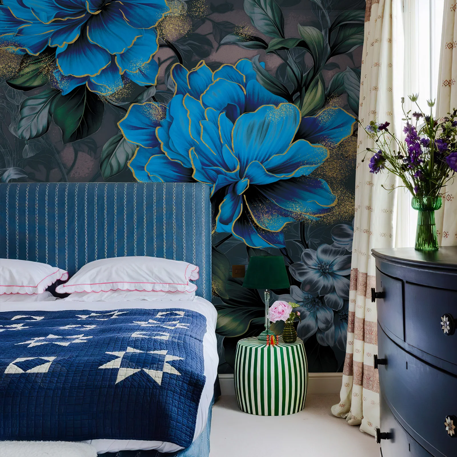 Custom Dark Blue Floral Wall Mural Peel and Stick Vintage Large Peony Flower Wallpaper Wall Art for Living Room Bedroom Bathroom