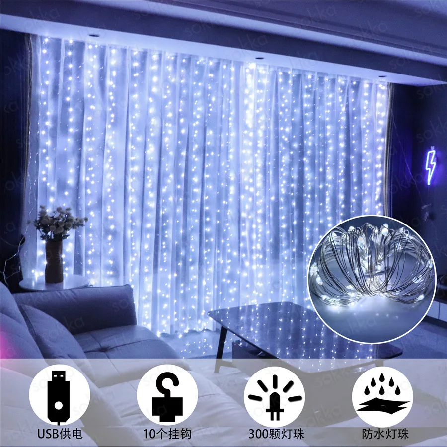 Curtain Lights For Bedroom Christmas Decoration LED String Light 3m Remote Control Holiday Wedding Window Garland New Year Decor