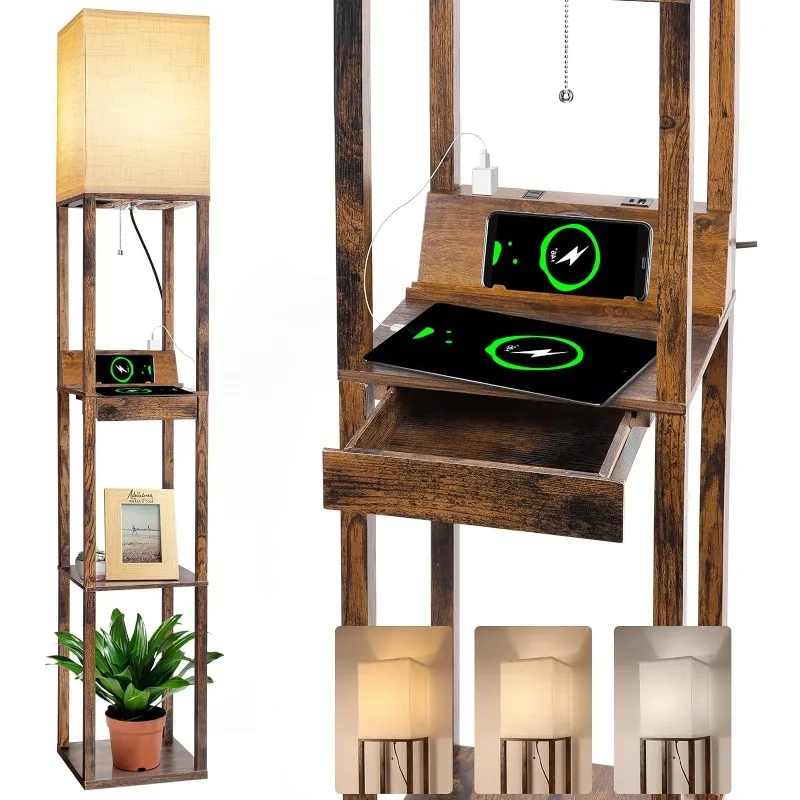 

Floor Lamp with Shelves for Living Room with Wireless Charger, USB A+C Charging Ports and 2 AC Outlet