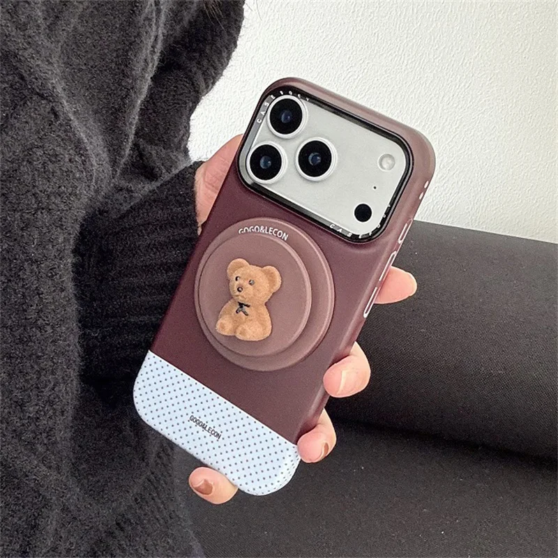

Fashion Solid Color Magnetic Phone Case For iPhone 17 16 Pro 15 14 Pro Max 16 Cover with Bear Stand Cases For Magsafe Cute Cover