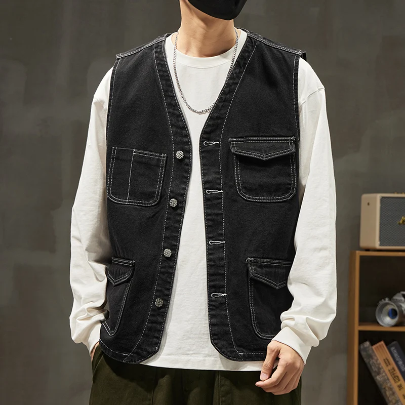 2023 autumn new style Black casual solid color vest vest denim men Jacket Fashion Men's Classic Denim Vest