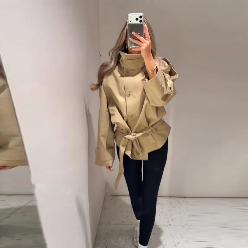 Modischer Stehkragen-Damen-Windbreaker Einfarbiger Doppelreihiger Schnür-Mantel mit Langen Ärmeln Damen-Oberbekleidung 2026 Herbst Neue Kollektion – Detail 11
