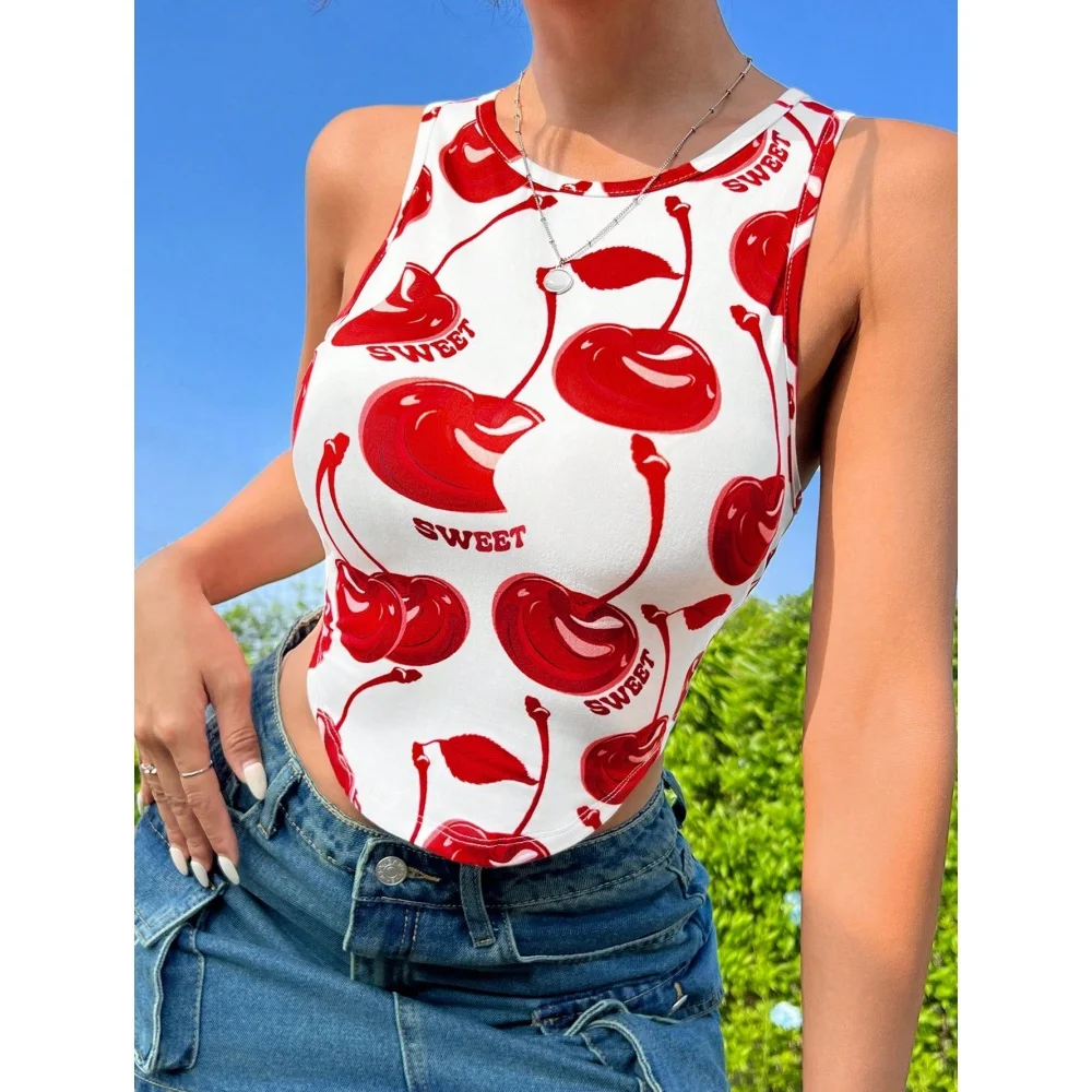 Modisches Herzmuster, sexy, bauchfreies, ärmelloses Damen-Top, Street-Harajuku-Stil, bequemer Rundhalsausschnitt, Damen-Sport-Tanktops – Detail 2