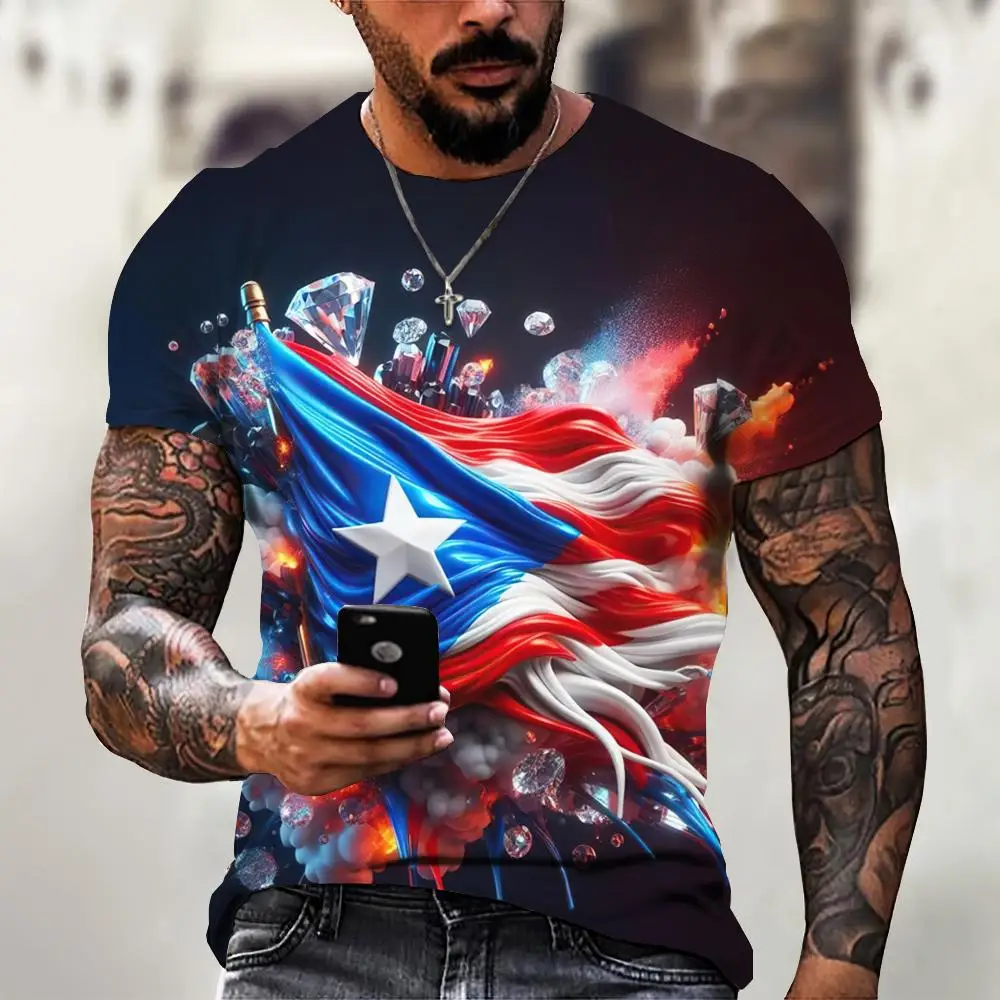 Men's T Shirt Summer Fashion Short Sleeve Tees Puerto Rico Flag Pattern Print T-Shirt Oversized Clothing Crew Neck Pullover Tops