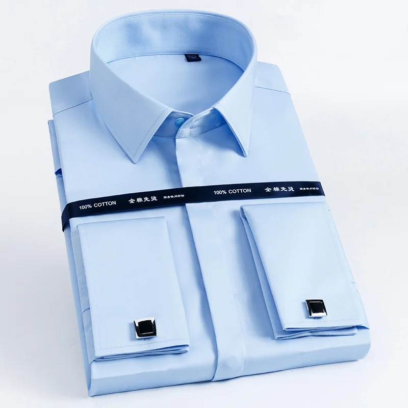 2024 Iron Free 100% Cotton Men\'s French Cufflink Long Sleeves Slim Fit Concealed Buttons Solid Color High-end Wedding Dress