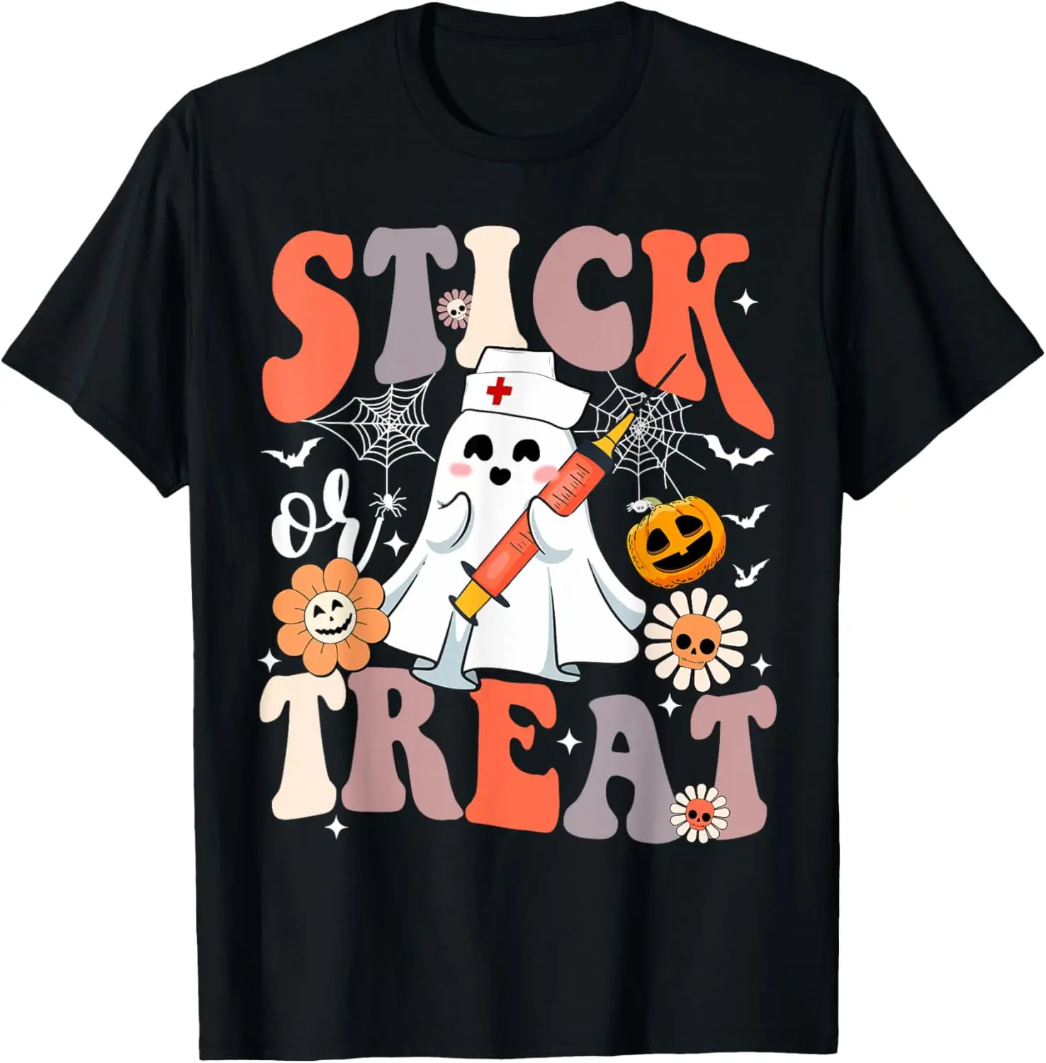 Stick Or Treat Ghost Nurse Halloween CRNA Emergency ER Nurse T-Shirt