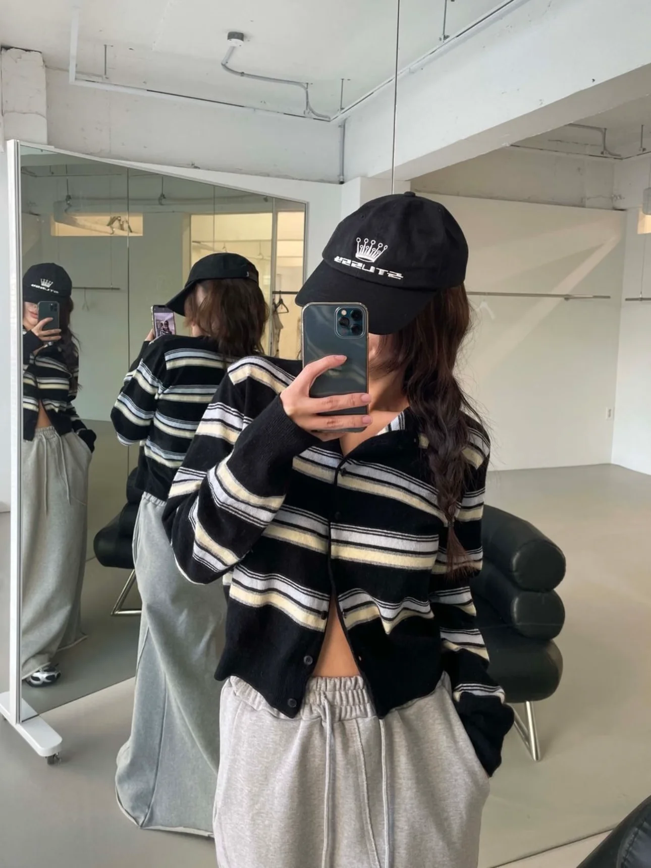 Korean Style Striped Knitwear Women's Loose Casual Long Sleeve Outerwear Open Cardigan Top Breathable Soft Fine Yarn round Neck