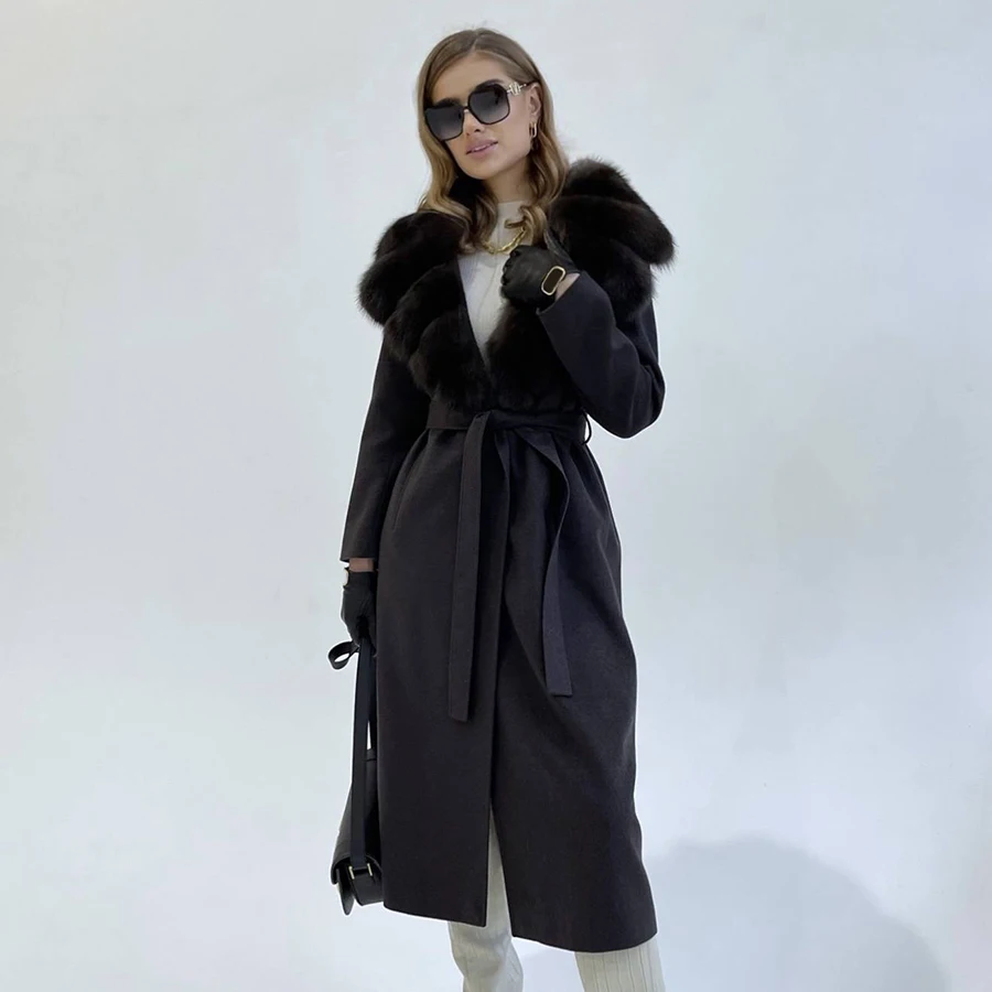 Winter New Cashmere Wool Coat Ladies Real Rabbit Fur Wool Coats Women Winter Fur Jacket