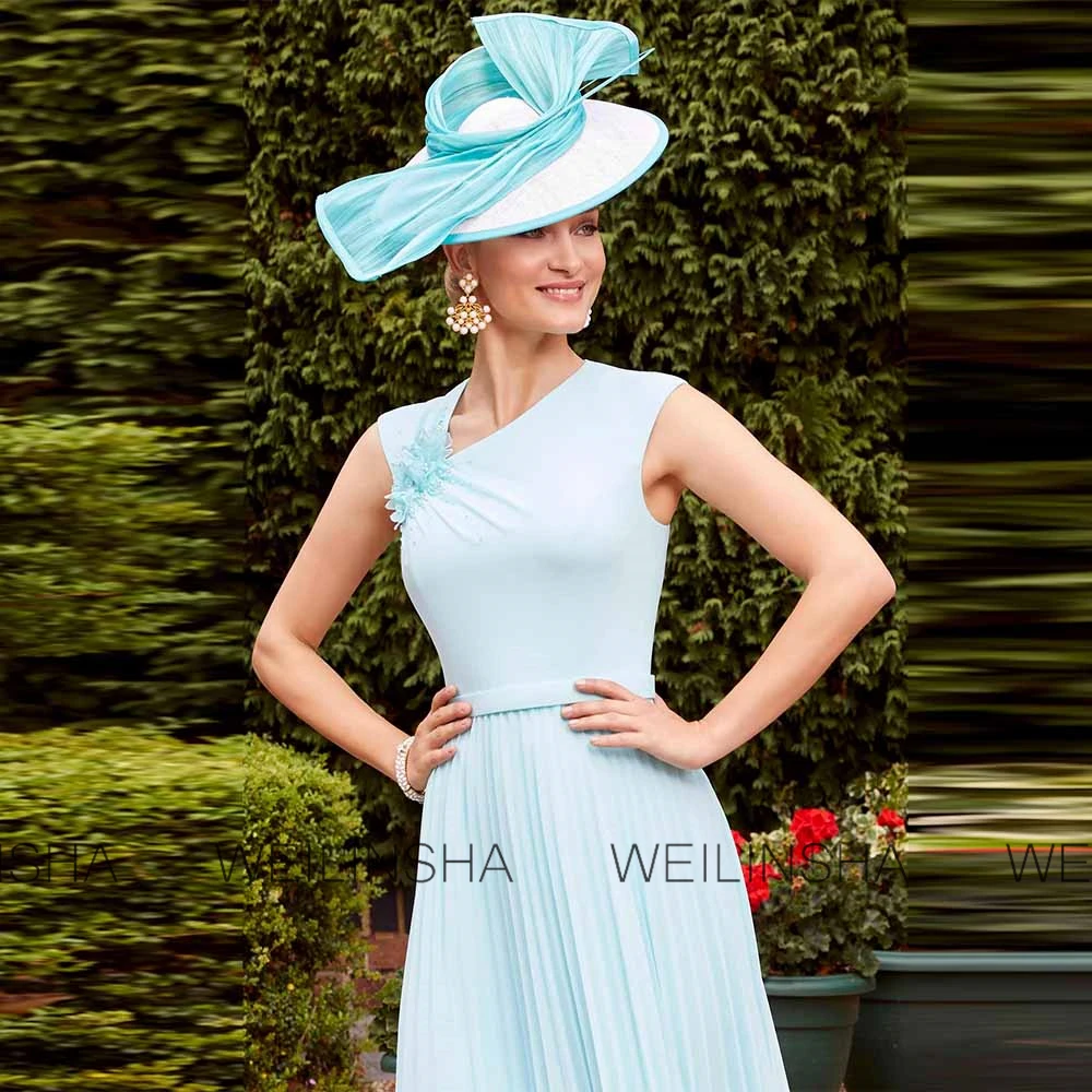

Classic Mother of the Bride Dresses Crepe Fabric A-line Cocktail Dress Sky Blue V-neck Applique Pearls Ruched Guest Dress Midi