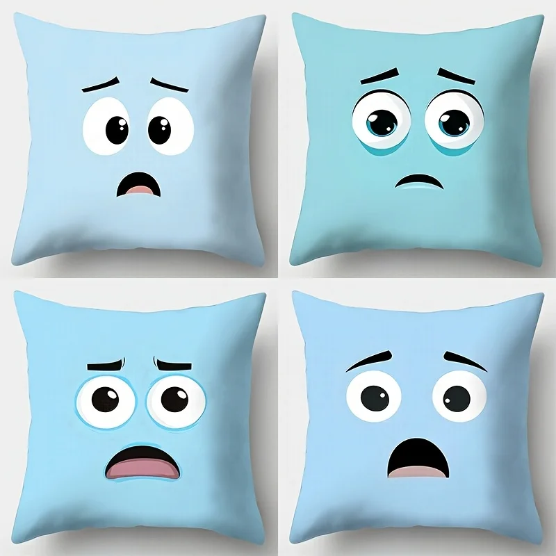 

4pcs Set, Sofa Pillowcase, Light Blue Large Eye Expression Pillowcase, 17.7" * 17.7", Single-Sided Print, Home Decoration,