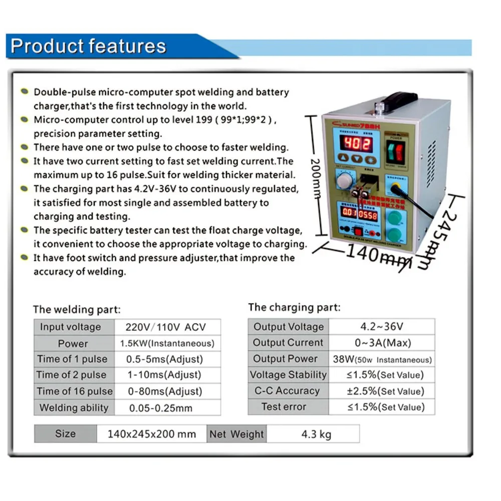 SUNKKO 788H Pulse Spot Welding Machine 1.5kw Spot Welder LED light Lithium Battery Test USB Charging for 18650 Battery Pack Weld