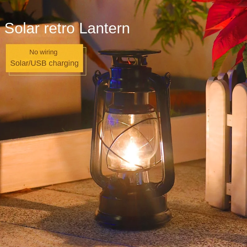 

The Latest Solar Lamps Vintage Outdoor Camping Lamps Classical Iron Lighting Portable Lamps with Data Cable Energy Saving Hot