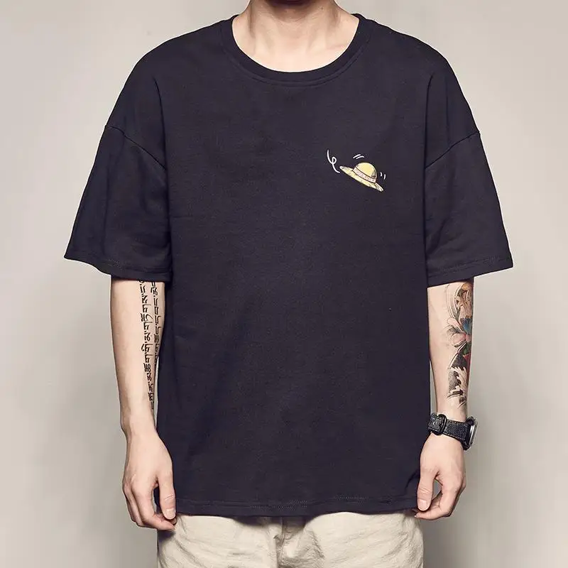 Camiseta de manga corta con estampado de Luffy de dibujos animados de algodón para hombre, camiseta holgada informal de verano, top base para estudiantes de tendencia