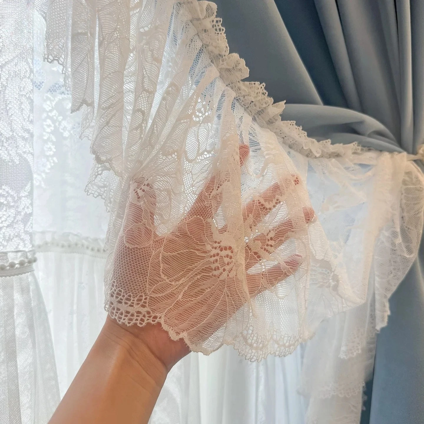 French Grey Blue Velvet Lace Curtains for Living Room Bedroom French Window Skirt Curtain Custom Finished Partition Curtain